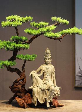 新中式水月自在观音菩萨佛像客厅玄关桌茶室古法鱼缸装饰禅意摆件