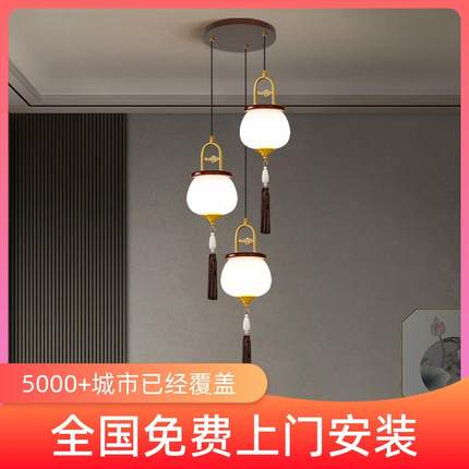 新中式3头餐厅餐桌吊灯实木圆形吧台玄关卧室床头中国风复古灯具