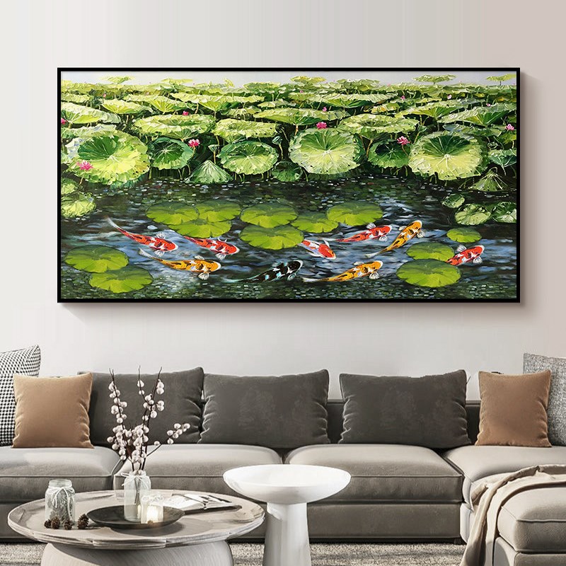 九鱼图手绘油画新中式客厅沙发背景墙装饰画荷花荷叶九鱼聚财挂画图片