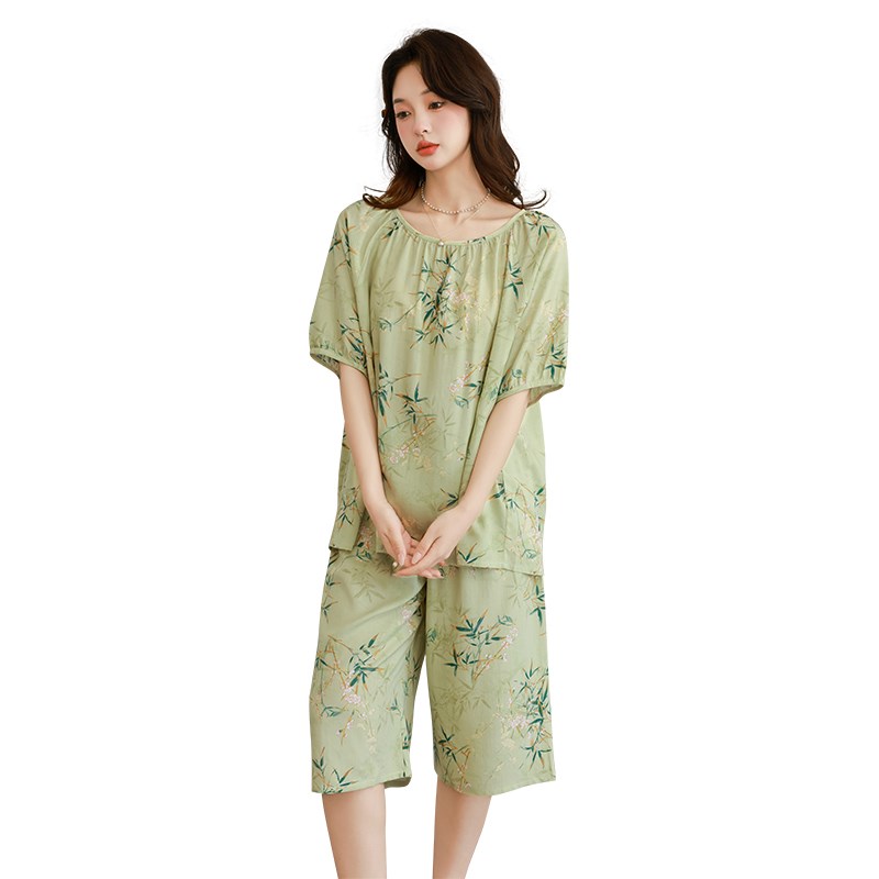 新款夏季棉绸睡衣女薄款中袖七分裤套装大码人造棉国风妈妈家居服