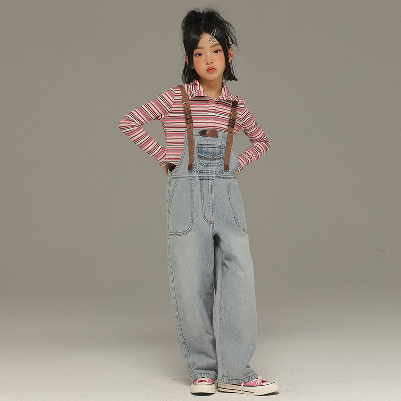 女童裤子2023春装新款儿童宽松牛仔背带裤中大童洋气时髦百搭长裤