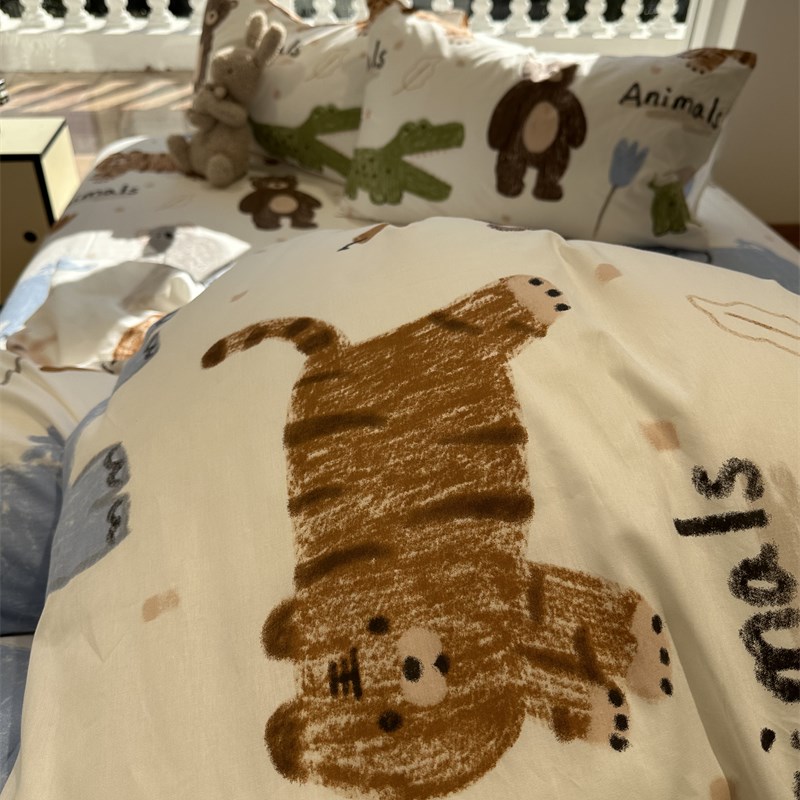 童趣涂鸦动物园床上四件套15mC18米公寓全棉床单被套三件套