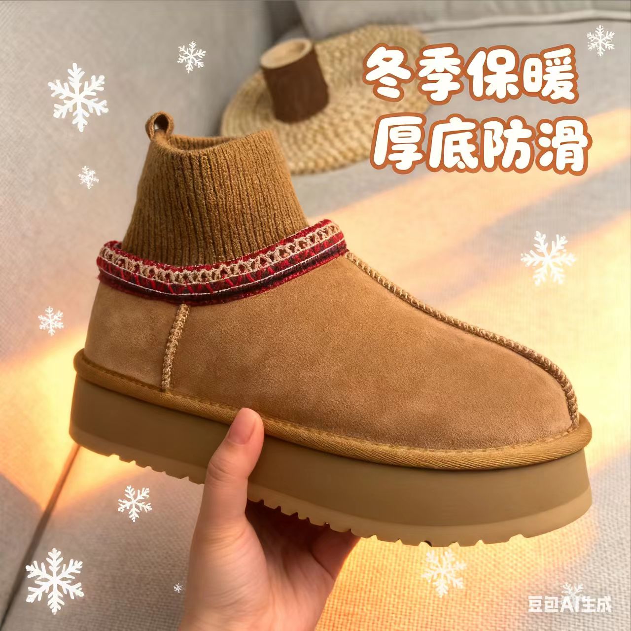 成人新款真皮雪地靴女鞋厚底短筒加绒加厚防滑毛线口保暖棉鞋鞋女