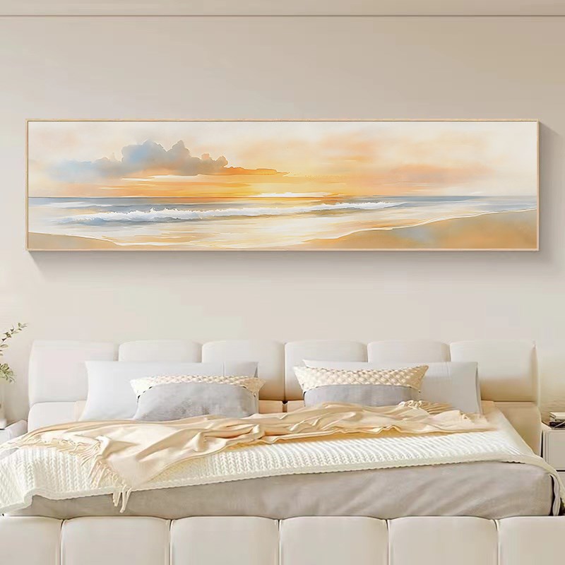奶油风客厅装饰画日出海景主卧床头挂画横幅温馨沙发背景墙壁画