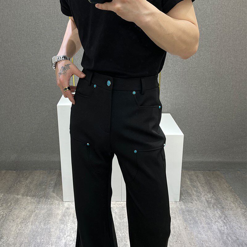 鹿鹿/绿松石设计感黑色微喇叭西裤男高级感痞帅宽松直筒休闲长裤