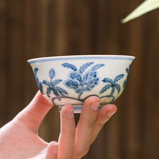 五里雾青花秋葵撇口杯景德镇手工手绘仿古茶杯仿明代压手主人杯