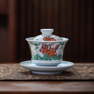 五里雾景德镇斗彩麒麟天字三才盖碗仿古青花瓷釉里红手绘仿古茶杯