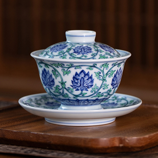 五里雾纯手工斗彩缠枝莲天字三才盖碗景德镇仿古手绘青花瓷茶杯