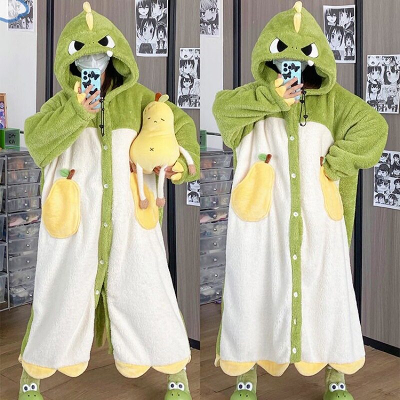 珊瑚绒家居服恐龙睡衣女加厚卡通可爱情侣睡袍冬毛绒睡裙动物连体