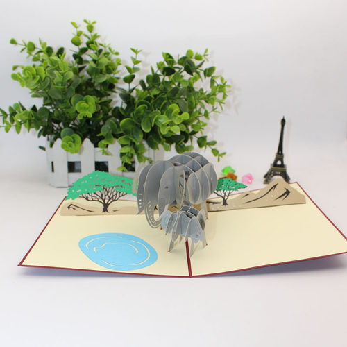 新款创意3D立体贺卡热带大象纸雕
