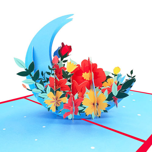 供应3d立体贺卡彩印月亮花朵纸雕