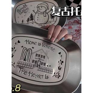 马口铁家用不锈钢餐盘小吃水果盘食品茶几收纳野餐盘 复古托盘美式