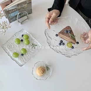 ins风不规则冰川玻璃盘子家用点心碟水果盘圆形甜品托盘餐具 日式