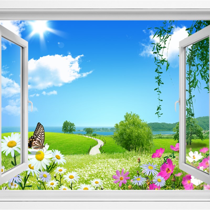 卧室3d假窗户墙贴壁画装饰唯美海滩风景客厅森林T大海墙纸自粘贴