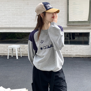 复古字母撞色灰色卫衣外套女宽松正肩显瘦休闲上衣 春秋学院风美式