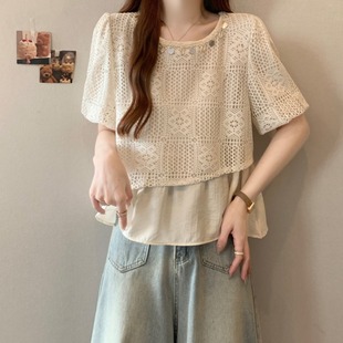 女装 新款 大码 上衣 微胖mm遮肚叠穿小衫 衬衫 镂空假两件短袖 2025夏季