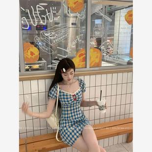 韩系格纹连衣裙女夏甜美温柔拼接蕾丝公主裙