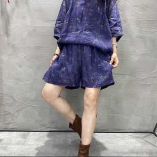 宽Q松百搭气质两件套潮 欧货高贵紫色麻料套装 女夏款 时尚 显瘦大码