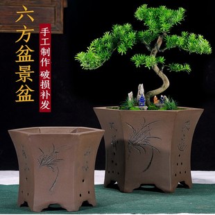 紫砂兰花盆大号出汗泥透气紫砂花盆简约六角六方形花盆厂家直销