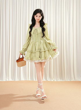 糖渍青梨 方领抽绳设计感大蝴蝶蓬蓬高腰裙温柔甜美可爱风连衣裙