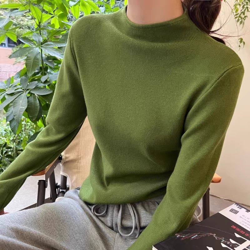 绿色半高领针织打底衫女内搭2026秋冬新款高级感毛衣修身中领上衣