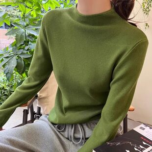 绿色半高领针织打底衫女内搭2026秋冬新款高级感毛衣修身中领上衣