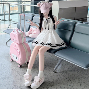 法式学院风白色无袖海军领连衣裙女小个子衬衫系带收腰短款公主裙