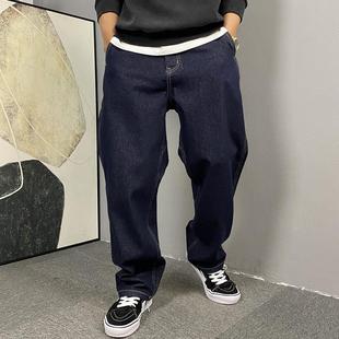 秋冬季美式休闲复古加绒原色牛仔裤男直筒宽松百搭大码阔腿裤子潮