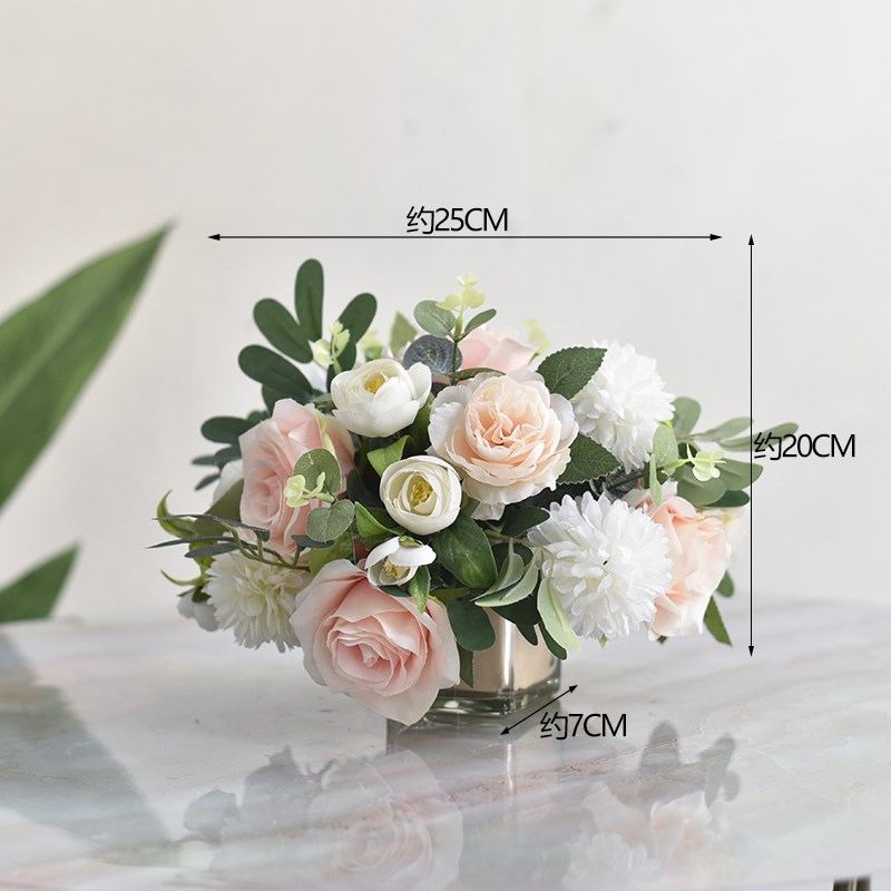 假花仿真花玻璃方杯餐桌花摆件酒店宴会餐厅商务会议桌面装饰花艺
