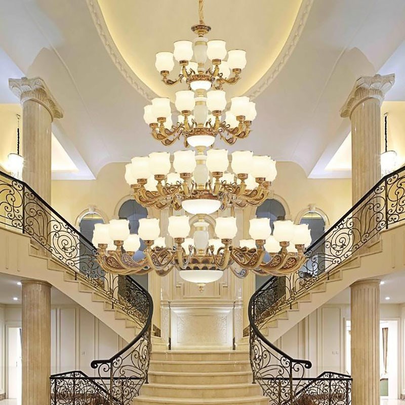 新中式复式楼别墅中空客厅大吊灯楼中楼挑高大气楼梯灯具