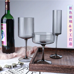 竖纹香槟杯家用玻璃高脚杯轻奢高档红酒杯鸡尾酒杯白葡萄酒杯 法式