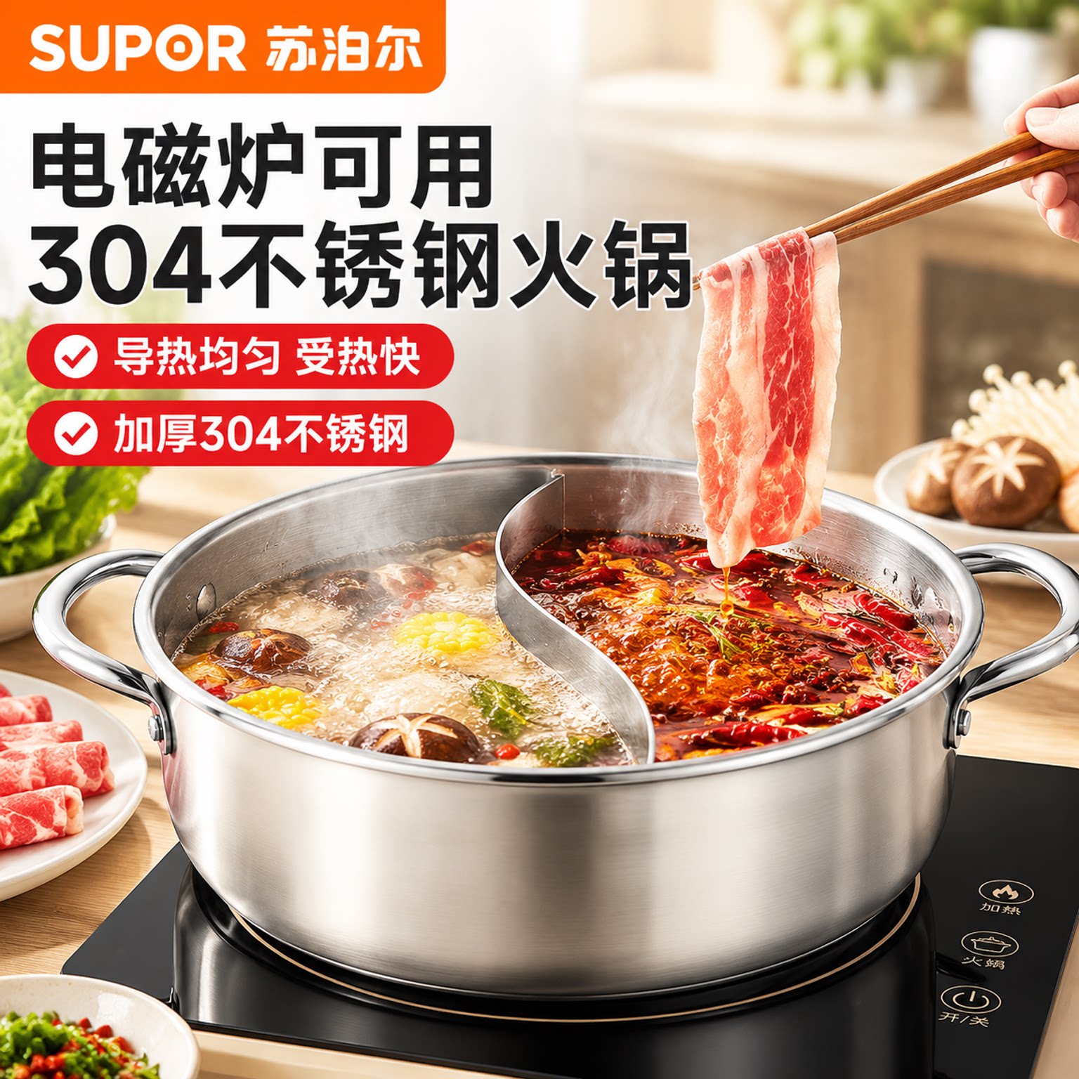 苏泊尔火锅家用不锈钢鸳鸯锅涮锅大容量清汤无涂层官方旗舰店正品