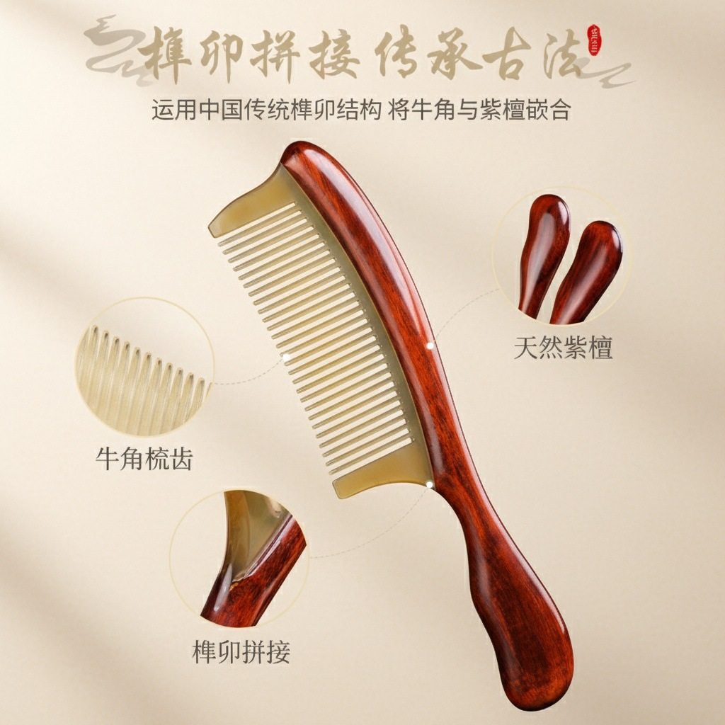 紫檀牛角梳子拼接天然紫檀木梳子女士专用顺发护发美发梳头皮按摩