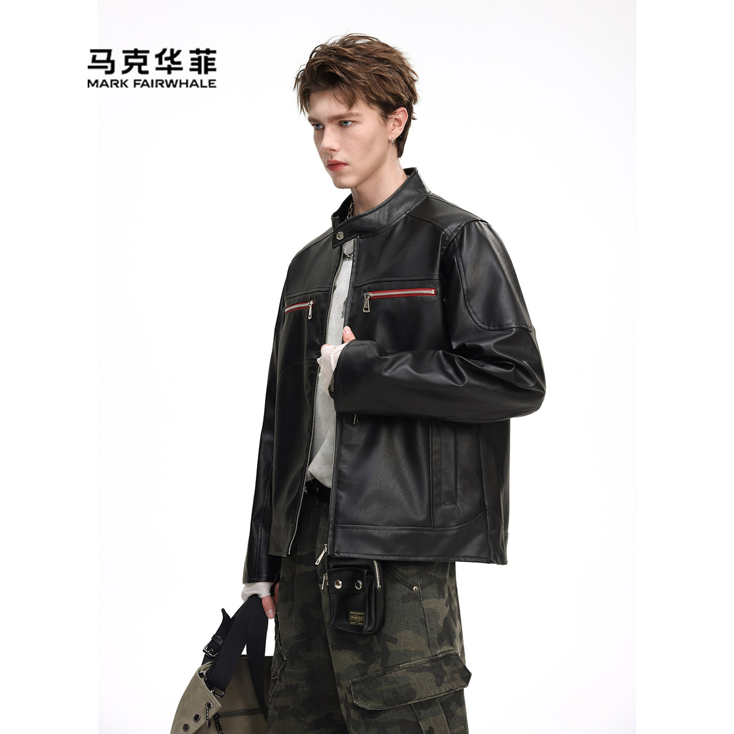 立领机车风皮夹克男潮流痞帅拉链