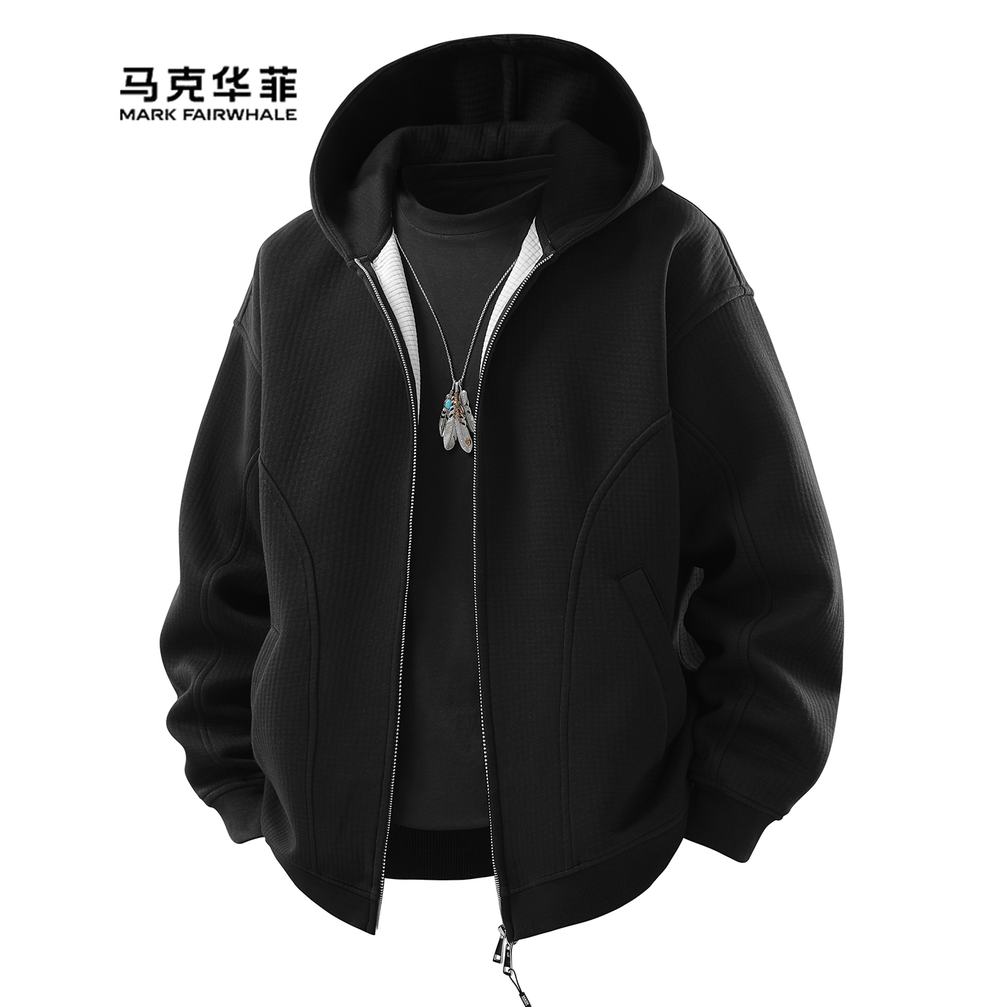 美式开衫连帽卫衣男黑色宽松休闲