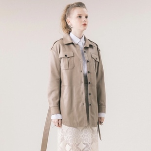 长腰带衬衣.女士春秋时尚 卡其色潮流复古百搭绵羊皮长腰带衬衣