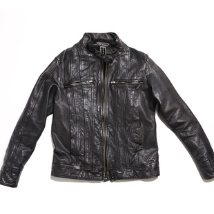 植鞣羊皮前片拼接夹克.男士复古做旧立领春秋休闲短款修身皮衣