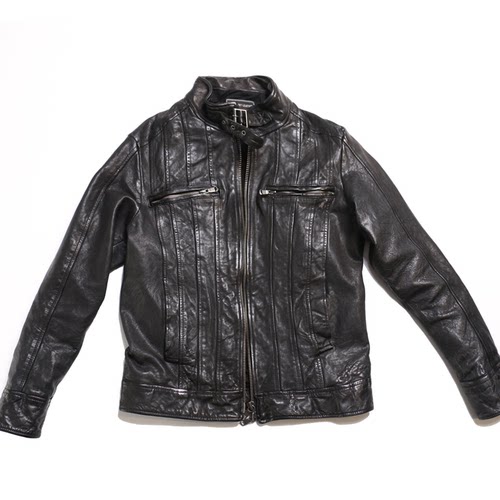 植鞣羊皮前片拼接夹克.男士复古做旧立领春秋休闲短款修身皮衣