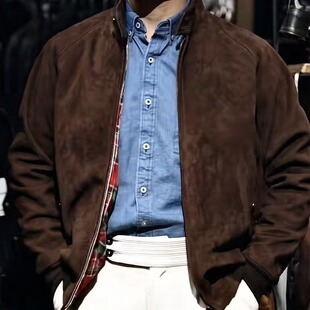 哈灵顿.新款男士春秋复古时尚休闲百搭短款山羊反绒皮经典夹克