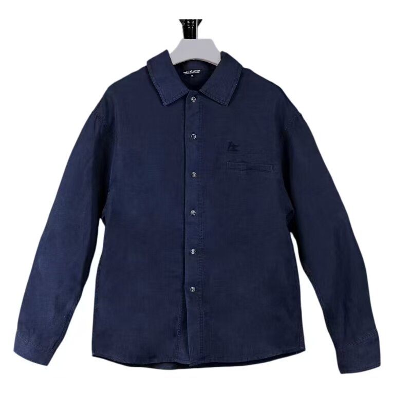 天丝亚麻藏蓝衬衫.春夏衬衣复古简约常规长袖刺绣百搭休闲上衣