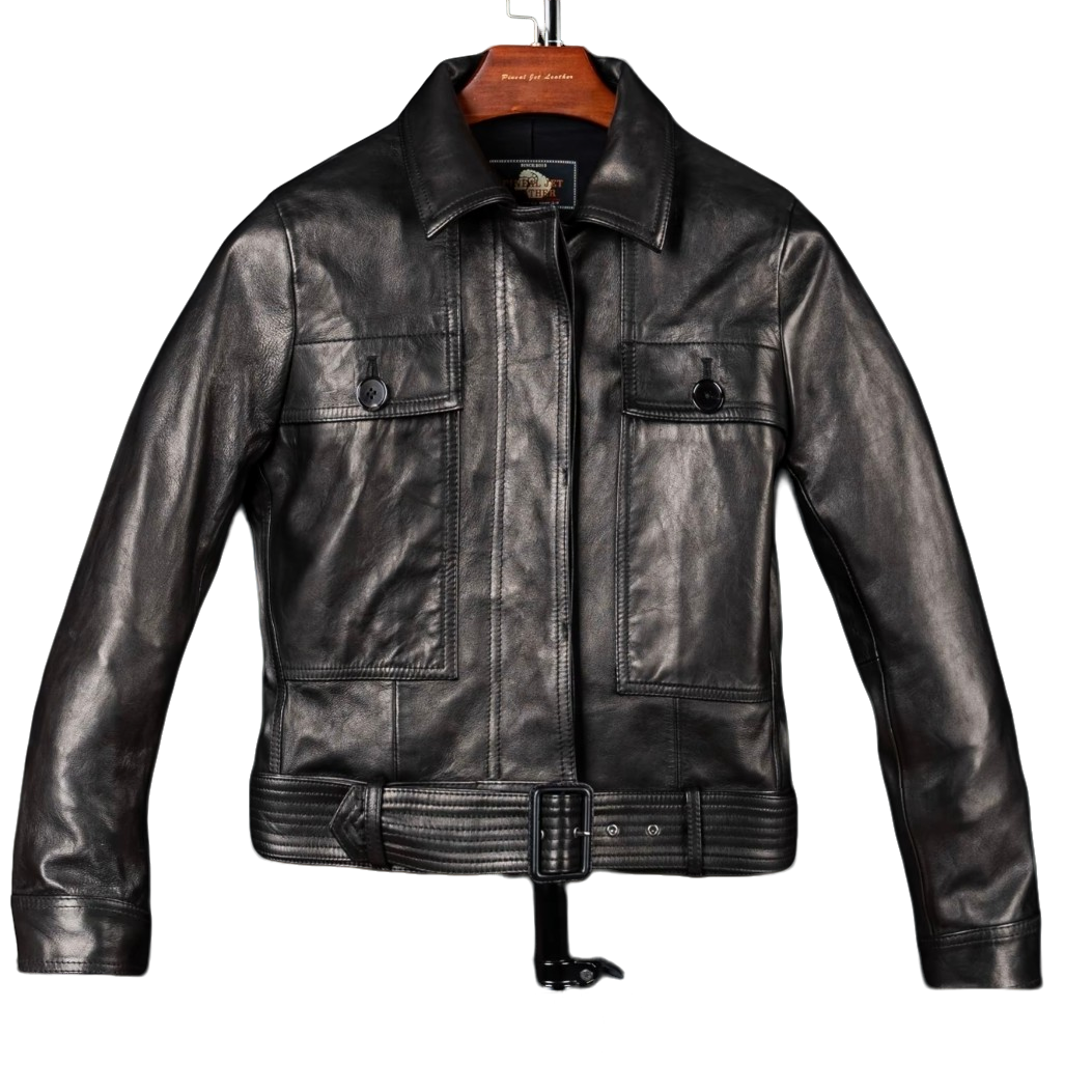 557G女机车夹克-阿美咔叽复古做旧扩版植鞣羊皮春秋皮衣