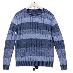 蓝染扭花肌理套头毛衣.纯棉渐变色条纹拼接复古圆领针织衫
