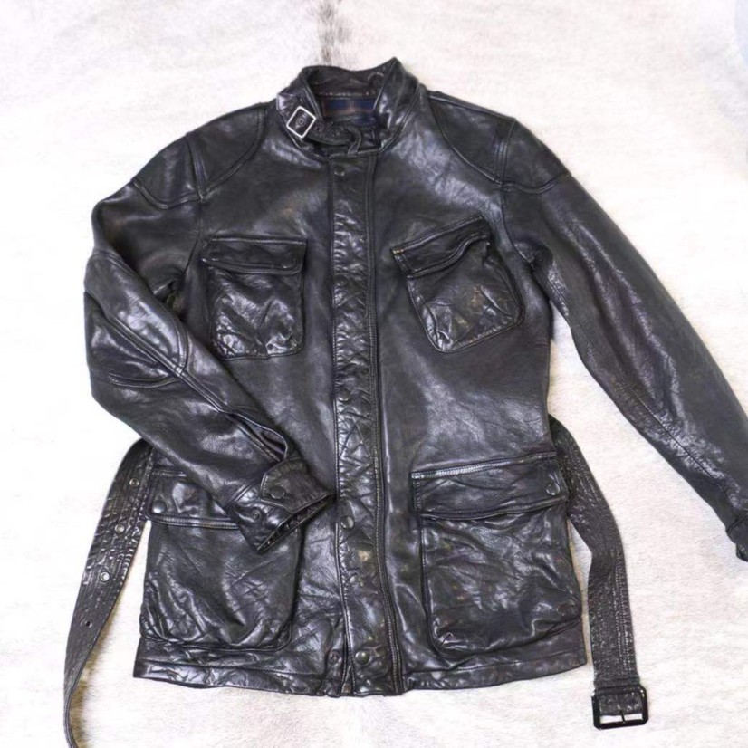 绵羊皮四兜猎装.男士休闲头层无涂水染植鞣绵羊皮复古做旧款皮衣