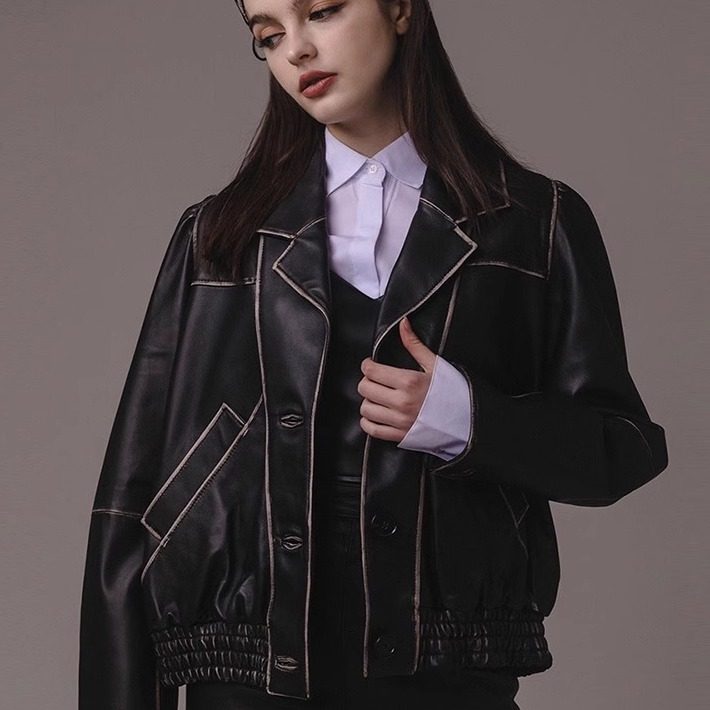 女擦色夹克.女士休闲oversize翻领款宽松阔版头层绵羊皮复古夹克