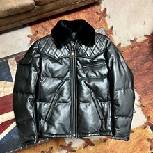 可拆卸毛领机车羽绒服 .冬季男款90白鸭绒保暖羊皮拼马皮真皮皮衣