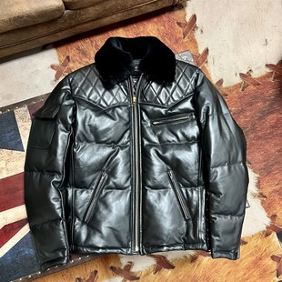 可拆卸毛领机车羽绒服 .冬季男款90白鸭绒保暖羊皮拼马皮真皮皮衣