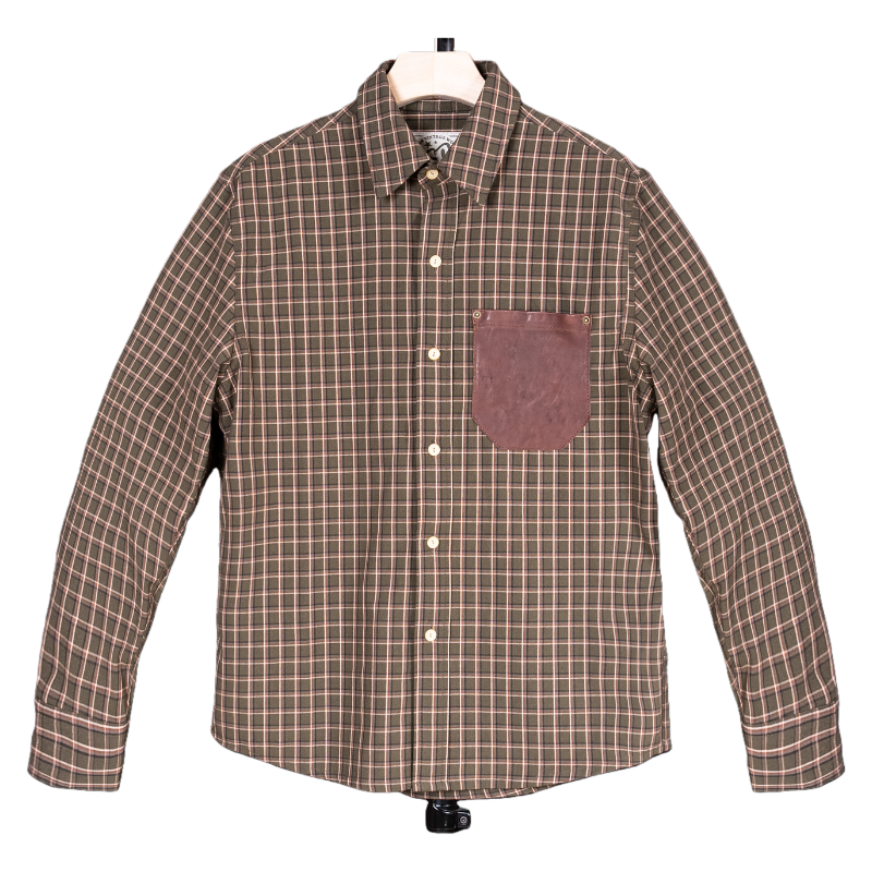 马皮拼接格纹衬衫.新款男士经典复古做旧文艺咔叽穿搭休闲上衣