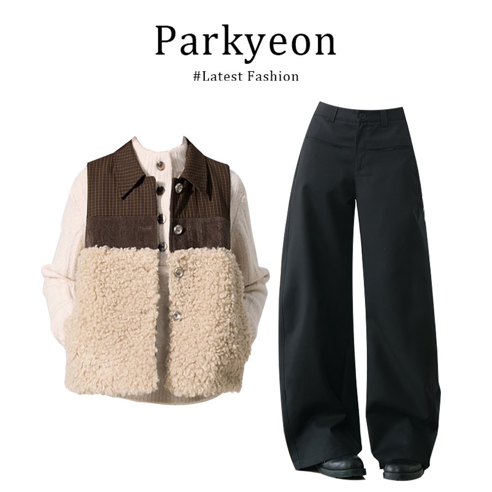 格子拼接毛毛针织内搭马甲休闲裤