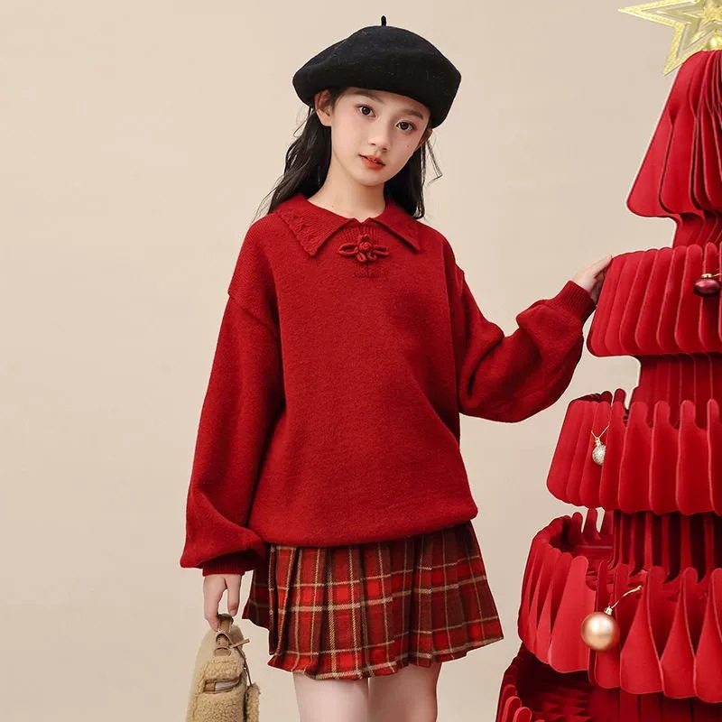 女童时尚针织衫拜年毛线衣中大童秋冬新款淑女风格纹短裙两件套潮