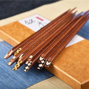 【5双装】日式创意贴甲木质筷子 镶木彩条工艺龟甲筷 尖头寿司筷